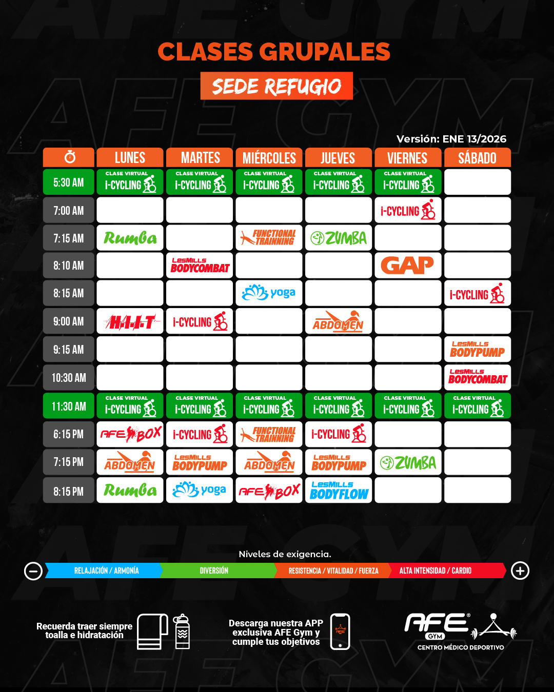 AFE GYM REFUGIO Horarios de Clases 2026 PAG WEB