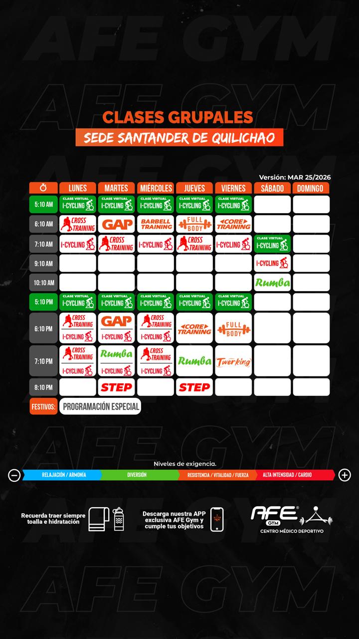 Horario clases grupales sede Santander de Quilichao jueves 26 de marzo 2026 Historias